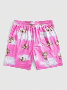 ROMWE MEN Men's Summer Casual Angel Print Drawstring Waist Shorts - Multicolor - View 2