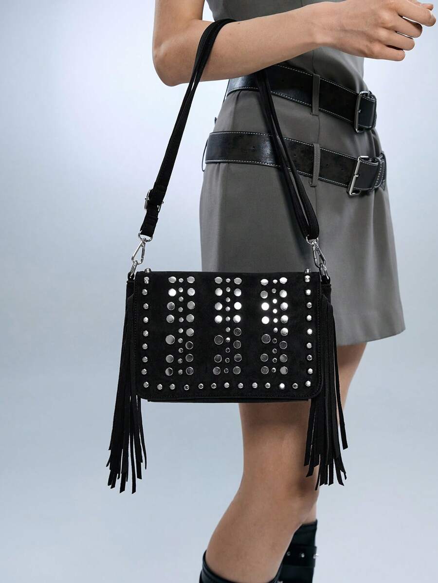 SHECARRY Fashion Rivet & Tassel Decorated Women Crossbody Bag - Black - View 1