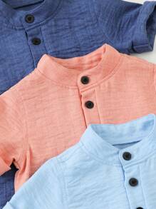SHEIN Vintaside Kids Bộ 3 áo quần cho bé trai, áo sơ mi cổ đứng cài nút màu xanh, hồng, áo tay ngắn mềm mại, thoải mái, thích hợp mặc hàng ngày, du lịch, mùa xuân hoặc mùa hè, áo sơ mi 6 tháng-3 tuổi - Hồng - Xem 7