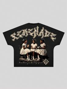 ROMWE MEN Street Life Men's Loose Short Graphic T-Shirt With Slogan And Figure Print - Black - View 1