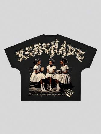 Street Life Camiseta corta suelta con estampado gráfico de lema y figura para hombres