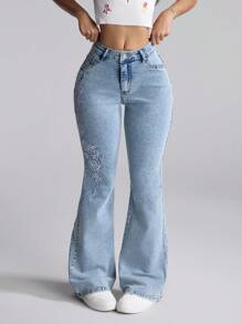 Selenza 女式花卉刺绣斜口袋紧身牛仔裤