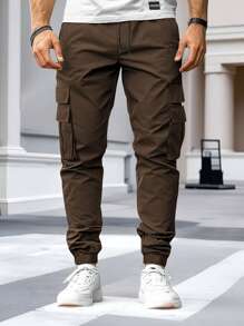 Manfinity LEGND Men's Solid Color Fashionable Pants, Suitable For Summer Cargo Pants For Men - Coffee Brown - View 1