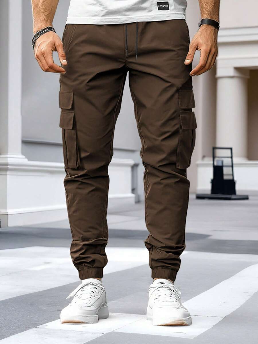 Manfinity LEGND Men's Solid Color Fashionable Pants, Suitable For Summer Cargo Pants For Men - Coffee Brown - View 1