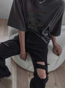 DAZY 女士宽松图案T恤，夏季时尚 - 灰色 - 查看 4