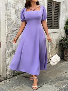 SHEIN Clasi Plus Size Elegant Solid Color Puff Sleeve Dress, Summer