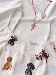 SHEIN Teen Girls Spring & Summer Valentine's Day Homewear, Clean Girl/American Vibe Floral Lace Bowknot-Dye Camisole And Shorts Pajama Set, Comfortable For Home, Outdoor, Casual Wear, Cute Dog Design - Apricot - View 8