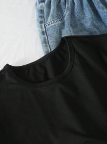 SHEIN 2pcs/Set Girls Black Summer Casual School Fashion Round Neck Drop Shoulder Short Sleeve Cropped T-Shirt And Elastic Waist Distressed Denim Pants - Black - View 3