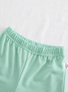 SHEIN Playful Pals Unisex Newborn-1 Year Old Baby "Daddy's Mini" Apricot Sleeveless Hooded Top And Shorts Set, Suitable For All Occasions In Summer - Green - View 5