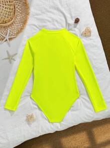 SHEIN Fashionable Neon One-Piece Swimsuit For Tween Girls, Suitable For Summer - Yellow - View 2