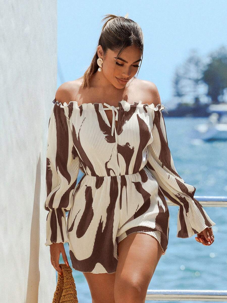 SHEIN SXY Bộ đồ liền thân hở vai họa tiết cọ vẽ cho nữ, trang phục đi nghỉ cho phụ nữ, trang phục mùa hè cho phụ nữ, bộ đồ liền thân mùa hè cho phụ nữ, trang phục đi biển cho phụ nữ, đi chơi, trang phục đi du ngoạn - màu nâu - Xem 1