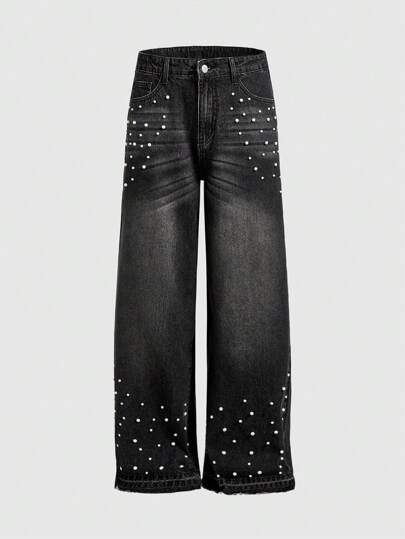 ROMWE Avant Men's Avant Fashion Washed Faux Pearl Embellished Casual Denim Jeans