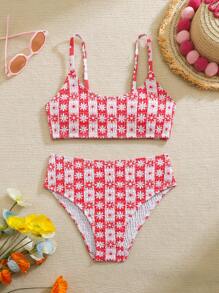SHEIN Conjuntos de bikini con estampado floral, trajes de baño de estilo vacacional, estampado aleatorio