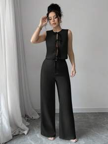 Siren Gaze Spring And Summer Women's Lace-Up Cardigan Suit, Contrasting Color Bow, Women's Top, Solid Color Casual Loose Trousers, Women's Two Pieces Set, Daily Casual, Workplace Commuting Wear Black - Black - View 3