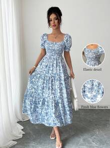 Selianne 2025 Spring/Summer New French Style Ditsy Floral Square Collar Puff Sleeve Waist Cinched Short Sleeve Patchwork Loose Midi Dress - Blue and White - View 3