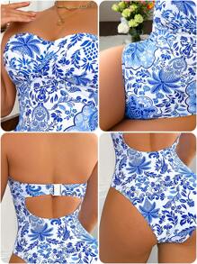 Swim DD+ DD+1/2 罩杯聚拢连体泳衣，热带花卉印花，女士抹胸款式 - 藍白色 - 查看 8