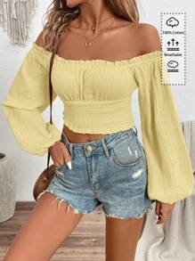 SHEIN VCAY 女士休闲纯色露肩灯笼袖衬衫，适合假期穿着