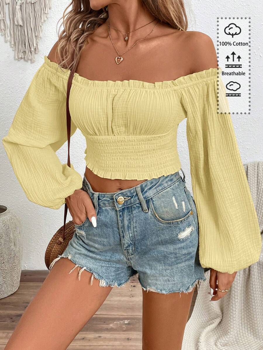 SHEIN VCAY 女士休闲纯色露肩灯笼袖衬衫，适合假期穿着