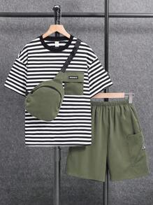 Tween Boy Textured Waffle Knit Short Sleeve T-Shirt And Shorts 2 Pieces Outfit - Grey - View 2