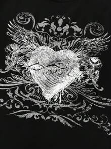INAWLY Women's Round Neck Short Sleeve Heart Printed Casual Simple T-Shirt, Everyday Wear Graphic Tees Women Tops
