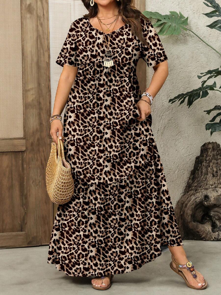 EMERY ROSE Váy họa tiết da báo tối giản giản dị phong cách lễ hội âm nhạc & ngày lễ, phù hợp cho kỳ nghỉ hè, cỡ lớn - màu nâu - Xem 1