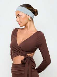 AiiRZ 裹身芭蕾上衣长袖拇指孔交叉前部工作室系带腰部短款上衣舞蹈服装 - 咖啡棕 - 查看 6