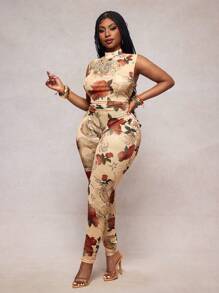 Slaydiva Nuevo mono de verano casual y sexy para mujer con estampado de dragón rosa y malla, de cuello alto, sin mangas, ajustado, con Bottom en color albaricoque