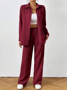 SHEIN PETITE 2 件套女士纯色长袖衬衫和裤子套装，简约时尚，适合夏季 - 酒紅色 - 查看 4