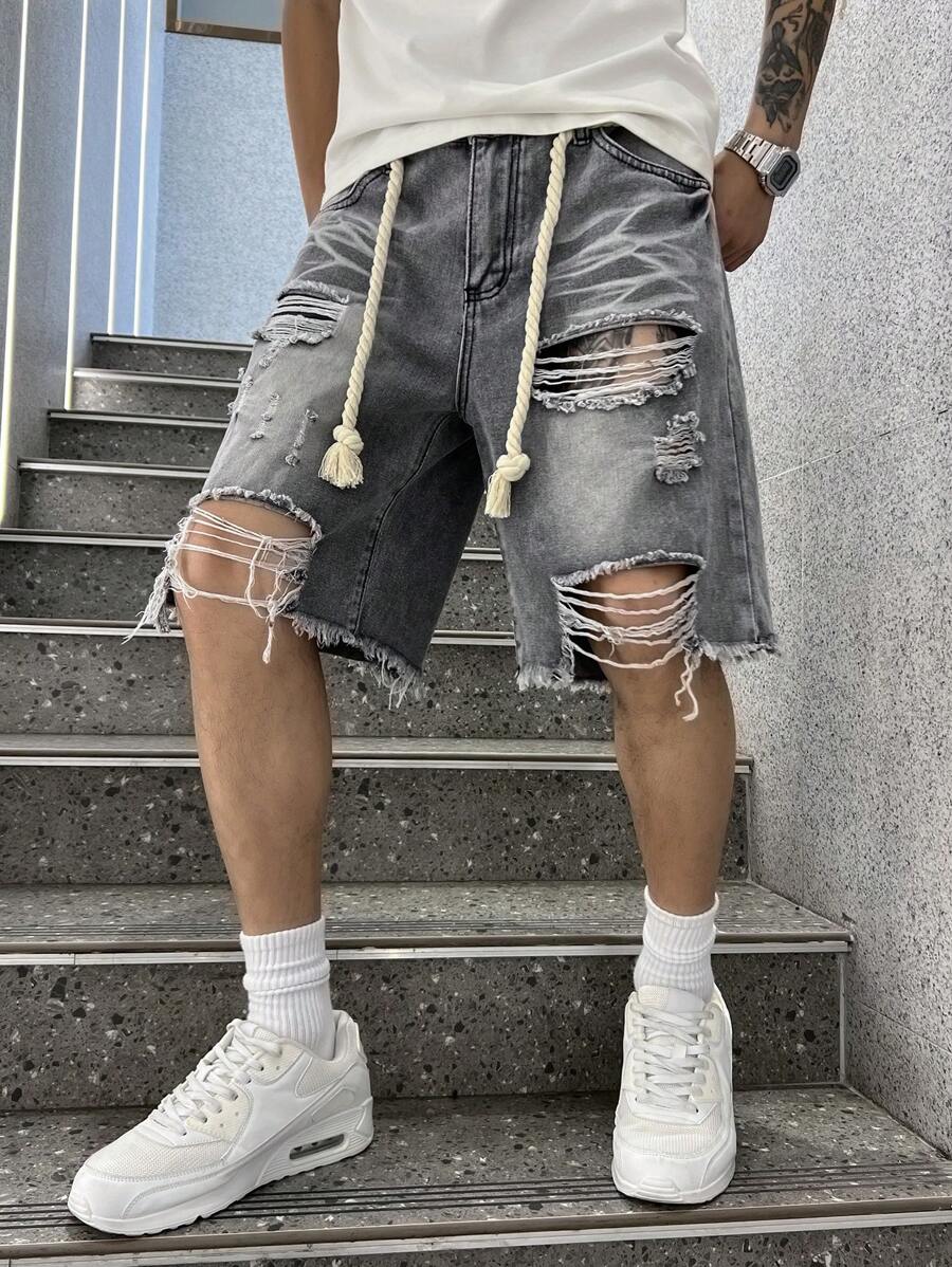 Manfinity EMRG Quần short denim rộng rãi cho nam, chất liệu cotton rách, viền thô, phong cách Emo - Xám - Xem 1