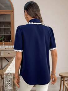 EMERY ROSE Women's Embroidered Design Short Puff Sleeve Casual Blouse Summer Tops - Black - View 2