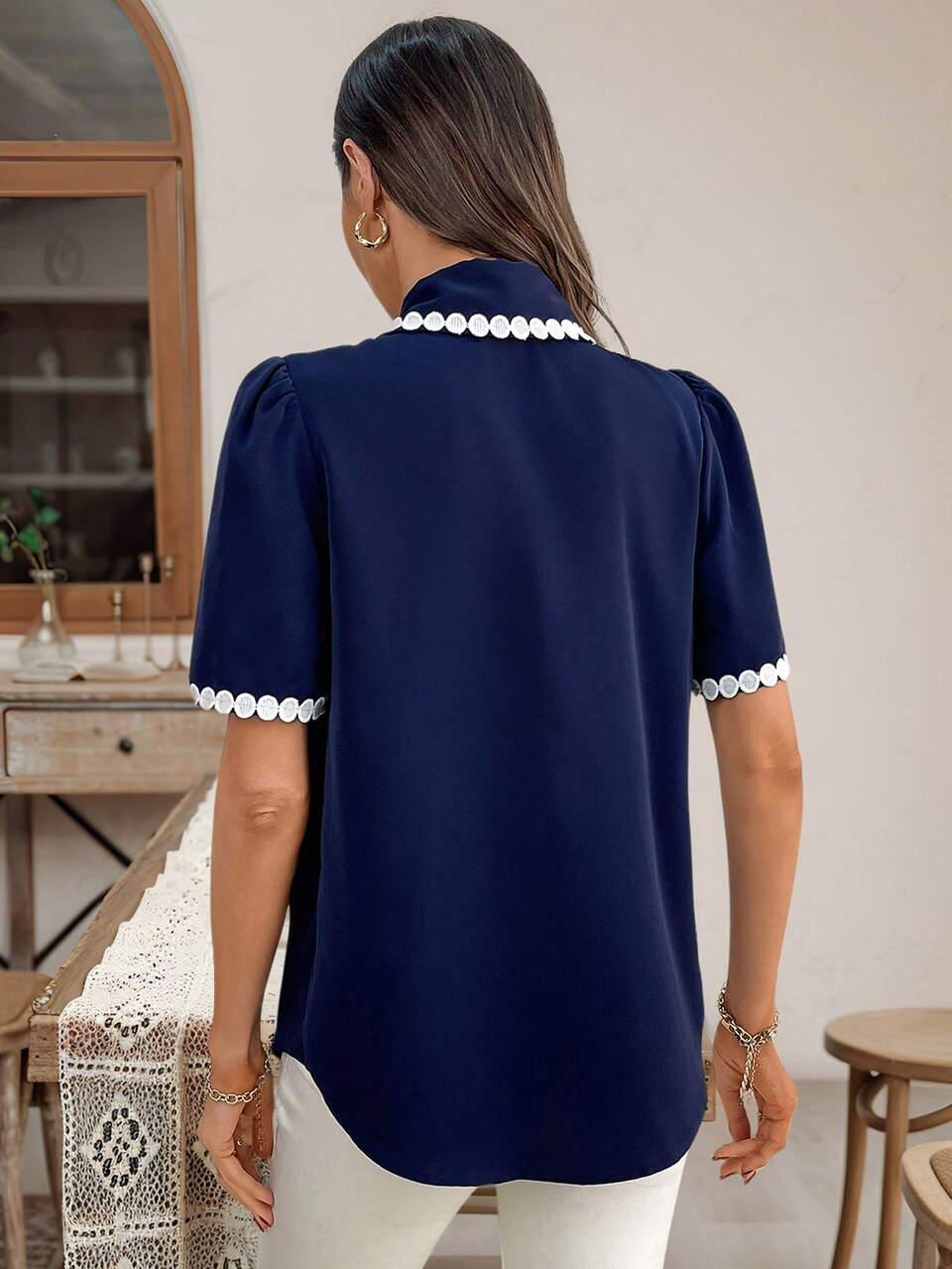 Women's Embroidered Design Short Puff Sleeve Casual Blouse Summer Tops