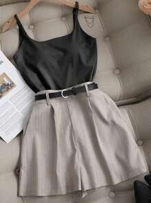 Franclia Plus Size Casual Commuting Striped Shorts, Summer - Grey - View 1