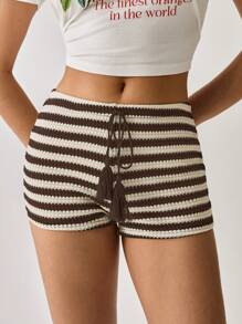 Brown & White Striped Knit Twist Fringe Decor Bodycon Shorts - Brown - View 3