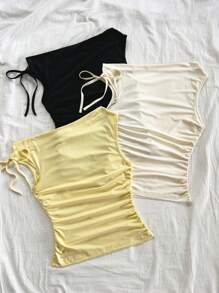 Soleia 奶油黄色休闲度假西部海滩婚礼宾客服装毕业早午餐礼服，圣帕特里克节春假复活节音乐节波西米亚风热带优雅荷叶边肩部无袖针织上衣，春夏 - 彩色 - 查看 2