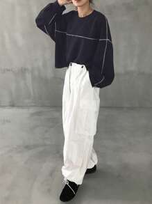 FRIFUL 女式超大短款圆领 T 恤，撞色缝线，春季、秋季服装长袖女式上衣 - 藏蓝色 - 查看 2