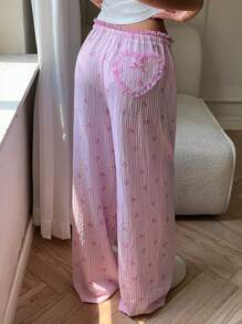 Aloruh Women's Residence Printed Lace Heart Casual Wide Leg Loose Pants Baggy - Pink - View 3