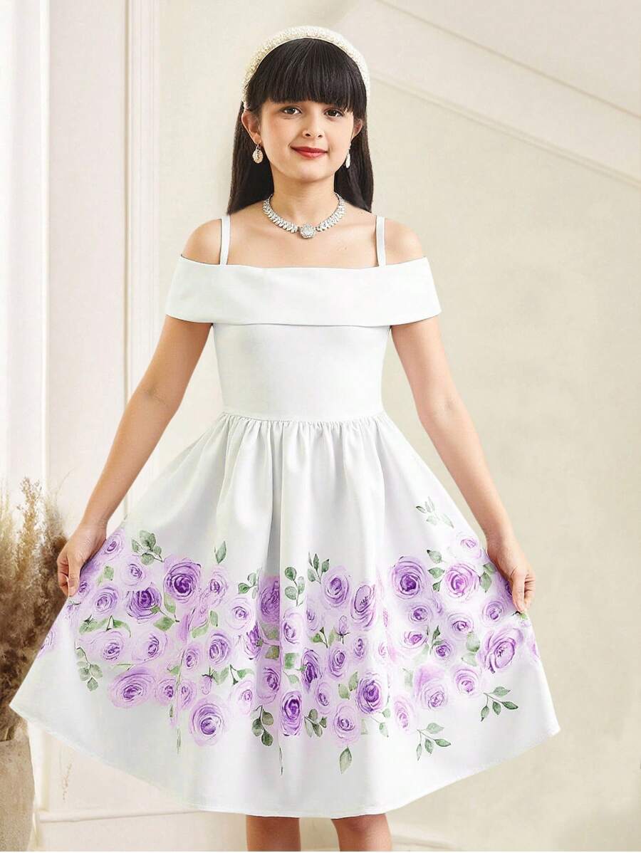 SHEIN 青少年女孩碎花细肩带露肩短袖连衣裙 - 淡紫色 - 查看 1