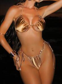 Swim SXY 纯色吊带串珠上衣和侧系带三角比基尼泳装套装 - 棕色 - 查看 2