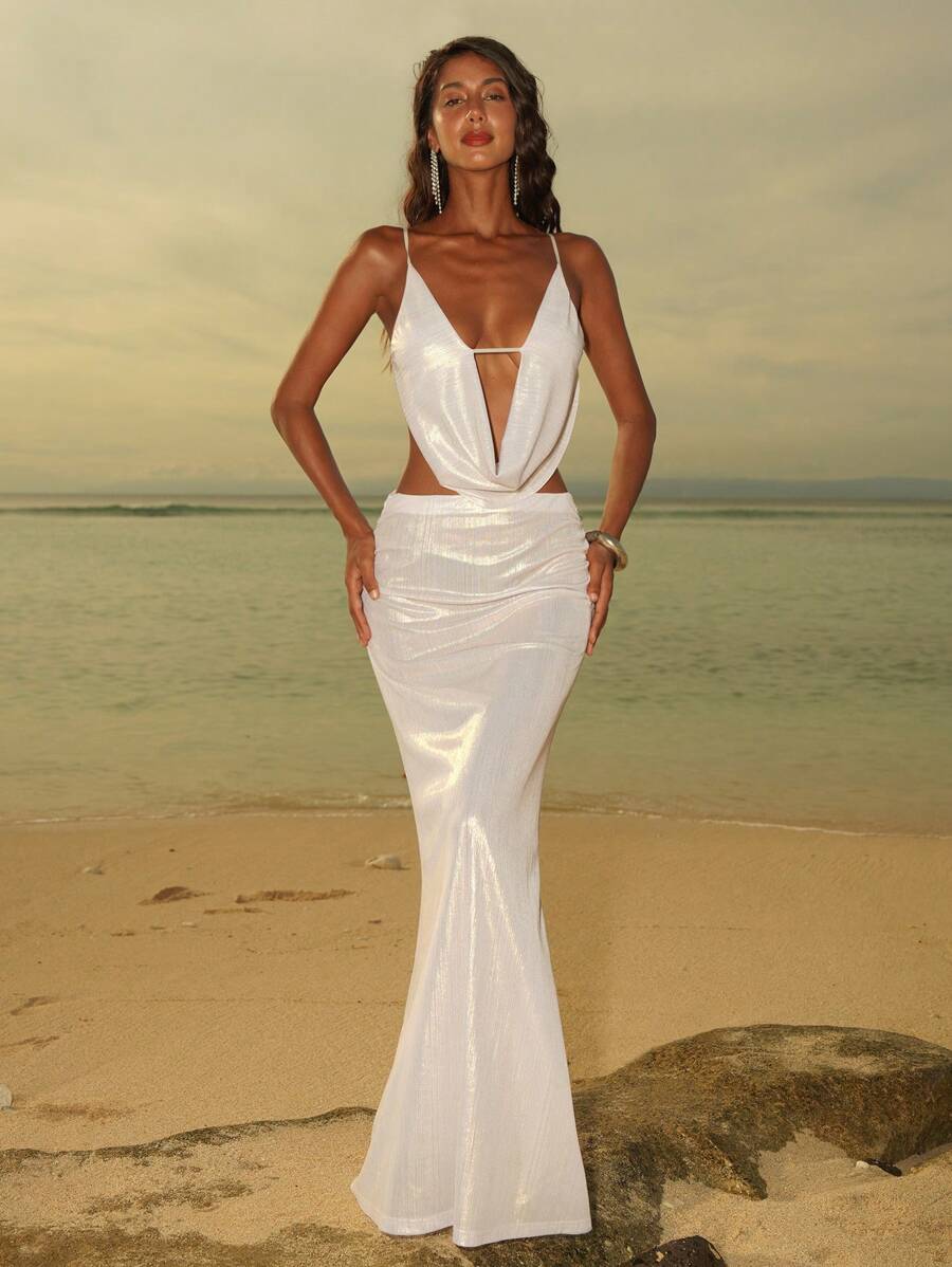 Opulessa Summer Beach Vacation Sexy Elegant Ocean 2pcs/Set Women Solid Color Draped Neck Top & Low Waist Skirt Set