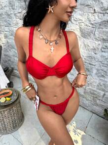 SHEIN Swim 女士假日海滩纯色泳衣套装