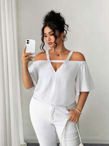 Elenzga Plus Size Solid Color Openwork Casual Vacation Short Sleeve Shirt - White - View 1