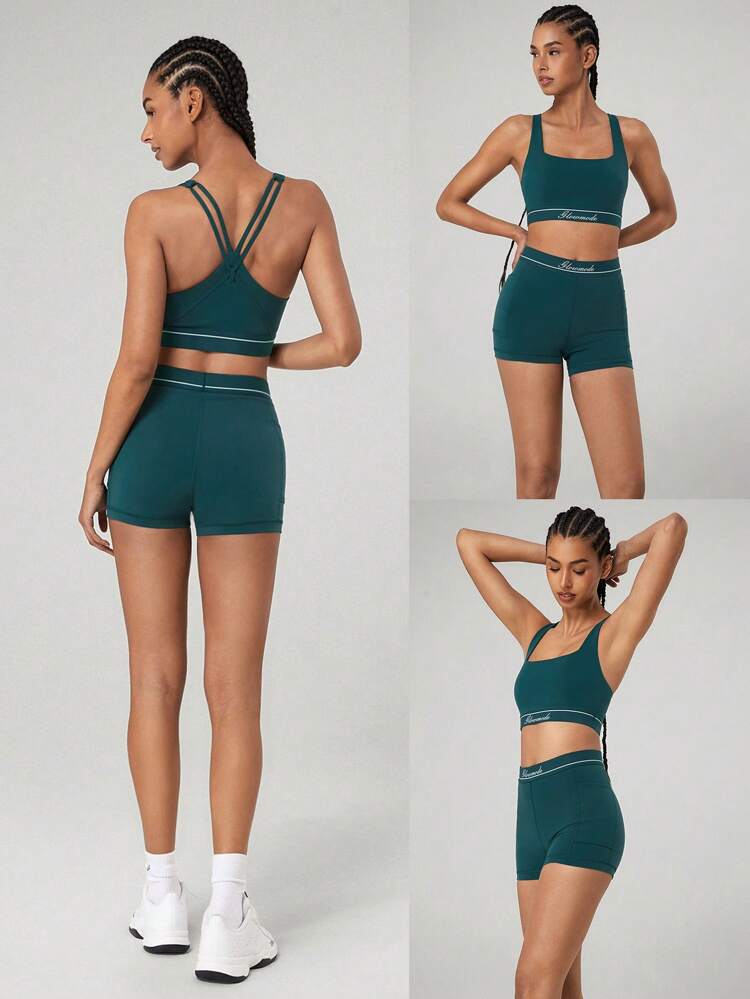 Powersculpt™ Sweat-Wicking Cool Feel High Stretch Contrast Color Stripe Sports Shorts Biker With Side Pockets High Impact Workout Running Training Removable Cups