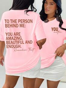 SHEIN CURVE+ Plus Size Pastel Pink Summer Casual Everyday Women's Short Sleeve T-Shirt,Letter Print Graphic TO THE PERSON BEHIND ME:YOU ARE AMAZING,BEAUTIFUL Tops - Pink - View 1