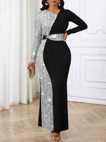 SHEIN Lady Gold Sequin Print Stitching Black Stretch Knitted Trousers Fishtail Skirt Women Long Dresses Dress Party Prom Valentine's Day - Silver - View 4