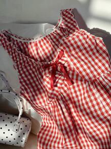 SHEIN EZwear 女士夏季甜美度假风红白格子上衣，褶皱设计，带蝴蝶结装饰 - 紅色 - 查看 6