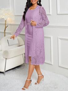 SHEIN Lady Vestidos largos de punto con encaje blancos elegantes de talla grande para otoño e invierno, conjuntos de talla grande