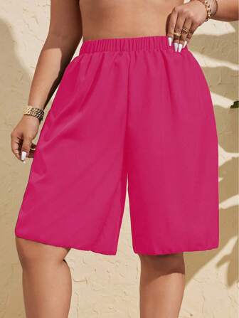 SHEIN Swim Curve 1pc Plus Size Women's Solid Color Loose Fit Bermuda Shorts, Casual Vacation Beach Shorts For Summer