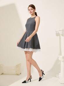 CUCCOO CHICEST Women's New Geometric Buckle Square Toe Patchwork Pointed Toe Artistic Asymmetric Heel Elegant Commute Chic High Heels, Black White Color Block Synthetic Leather & Patent Leather, Pumps For Dating Party Work - Silver - View 4