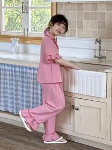 Dozemod Tween Girl Tween Girls 2pcs Set Minimalist Collared Button Pocket Ruffle Hem Short Sleeve Top & Pants Knit Jacquard Pajamas - Pink - View 5