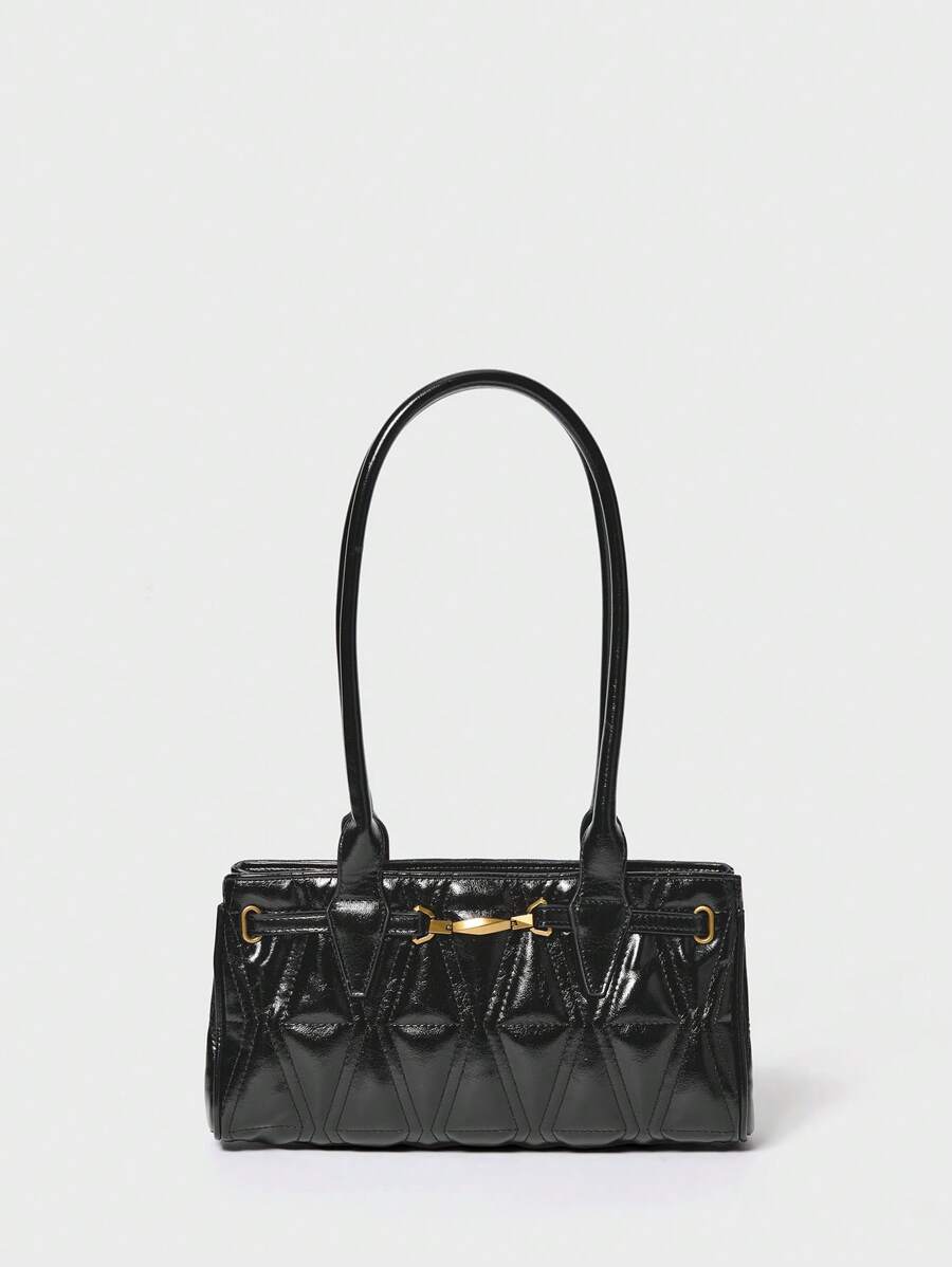 SHECARRY Túi đeo vai nữ bằng da PU mùa thu đông đi học đi làm du lịch sang trọng xu hướng túi chần bông tinh tế dây xích - màu đen - Xem 1